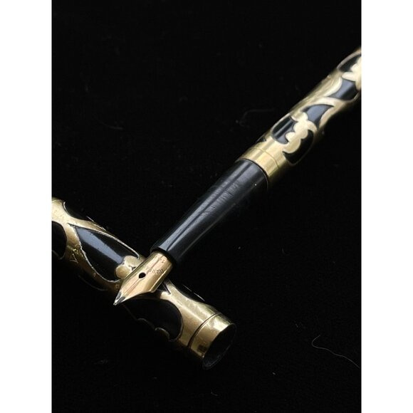 WARRENITED 14K Nib Fountain Pen Unmarked Black Body With Gold Filigree Overlay - Picture 2 of 5